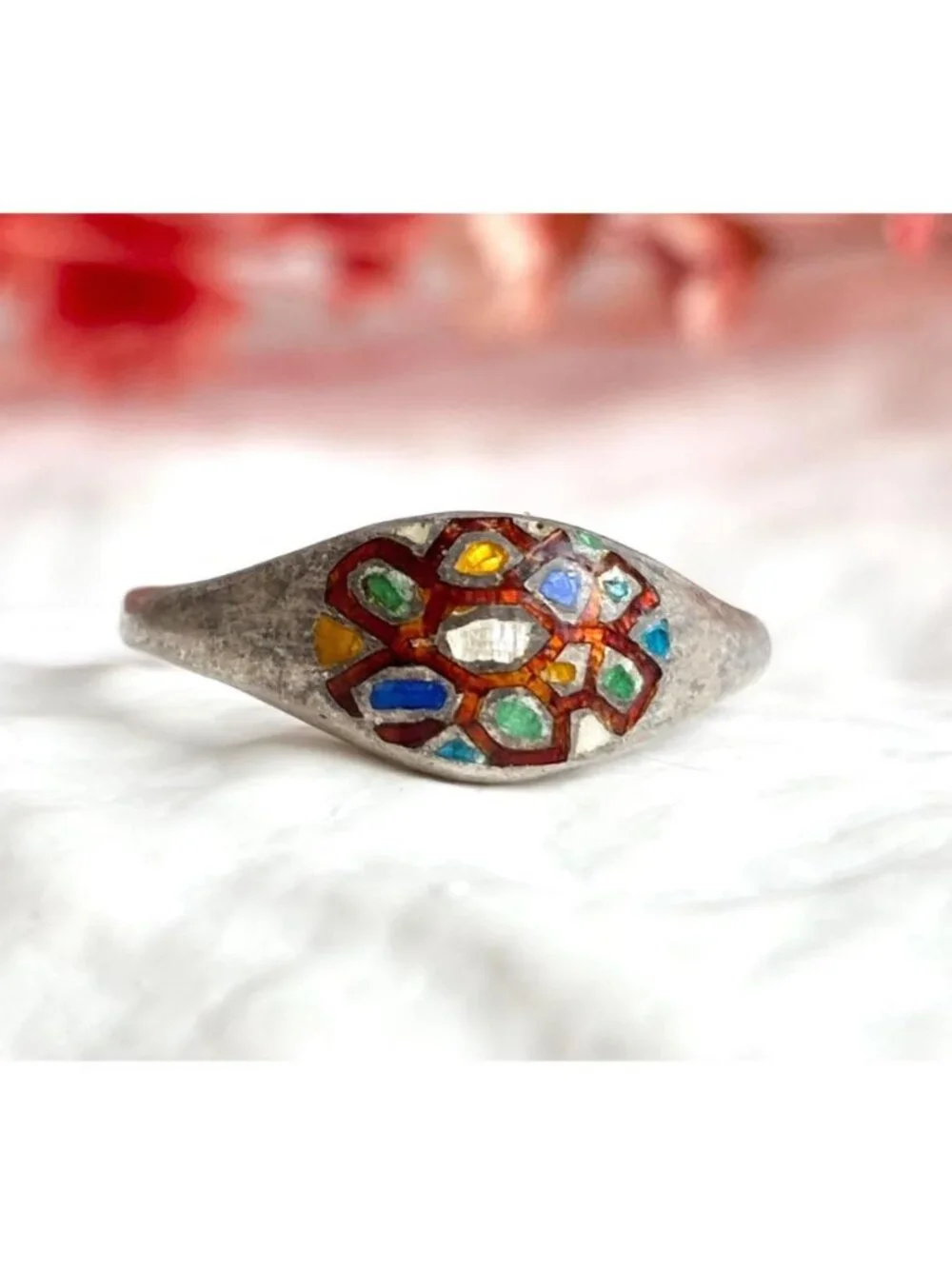 Patchwork Enameled Domed Thailand Made Sterling Silver 925 Vintage Ring - sz 7
